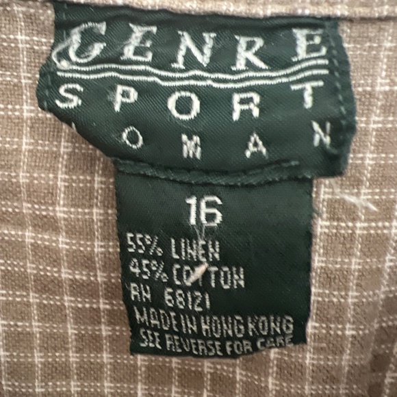 Genre Sport Womens Beige/White Plaid Linen Blend Collared Button Up Blouse SZ 16 - Picture 4 of 4